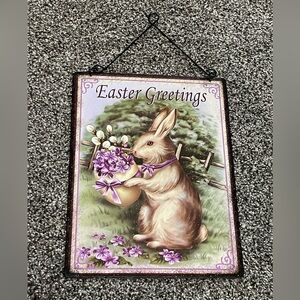 Easter Greetings Glittered Sign Bunny Lavender Vintage Postcard Metal Plaque